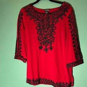 Lauren Michelle  Vibrant Red Top with Intricate Black Embroidery